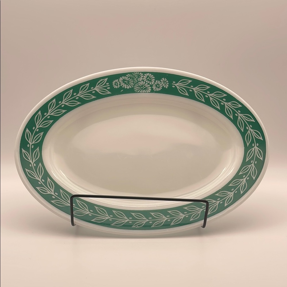 Vintage Pyrex‎ Double Tough Green Laurel White Milk Glass Oval Serving Platter